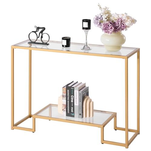 VEVOR 2-Tier Glass Console Table, Modern Rectangle Sofa Side Table with Tempered Glass Top and Iron Legs, Golden Consloe Desk with Anti-Tip Device for Living Room, Hallway, Entryway, Foyer, Golden VEVOR