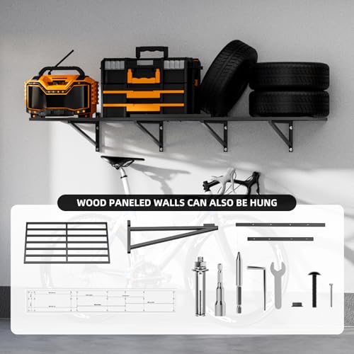 DEYEGELEA 2-Pack Garage Wall Shelves 2x6Ft Garage Storage Shelving Wall Mounted Loads 2000lbs Heavy Duty Sturdy Wall Shelves Strong Garage Organiser Black Metal Floating Storage Racks DEYEGELEA