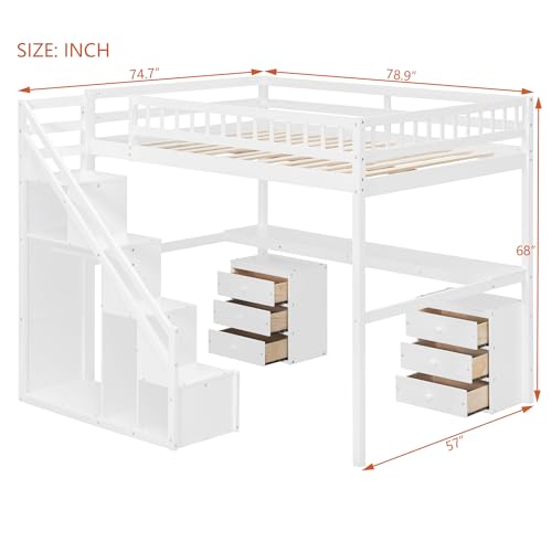 Merax Full Size Wood Loft Bed with Stairs, Built-in Desk, 2 Storage Drawers & Lights, Space Saving Bed for Teens, Adults, Study Loft Bed with Underbed Storage, White Merax