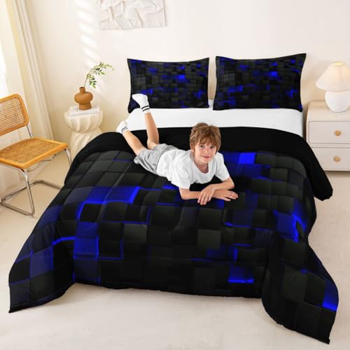 Erosebridal Black Navy Royal Blue Comforter Set Twin Neon Geometric Checkered Bedding Set for Teen Boys Gamer Room Decor,Abstract Stereoscopic Grids Quilt Square Plaid Check Bed Set 2 Pcs Erosebridal