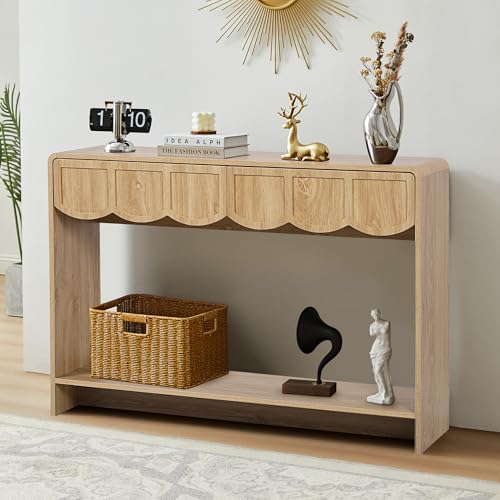 ORRD Console Table with Drawers, Mid-Century 43 Inches Narrow Entryway Table with Open Storage Shelves, Hallway Accent Tables Behind Couch Tables for Living Room - Natural ORRD