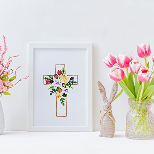 Louise Maelys Cross Lily Pattern Embroidery Starter Kit,Cross Stitch Kits for Adults with Embroidery Hoop Needles Threads Instruction -Easter Jesus