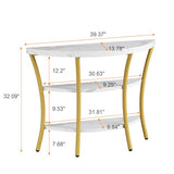 39.4" Console Table with Half Moon Wood Shelves, 3 Tier Modern Entryway Table with Curved Metal Frames, Narrow Sofa Couch Table for Hallway, Entrance, Living Room, Foyer, White Marble & Gold knoworld