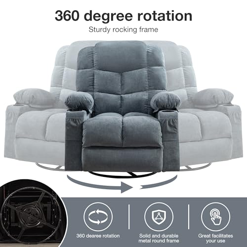 Oversized Massage Swivel Recliner Chair with Lumbar Heating for Living Room Rocker Recliner Single Sofa with Cup Holders and USB Charge Port, Large Big Chair Recliners for Adult