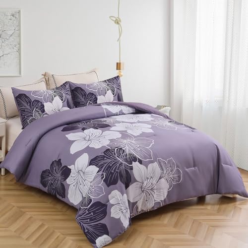 Menghomeus Queen Comforter Set Dark Purple Floral Bedding Comforter Sets - Soft Microfiber Bed Comforter Set for All Season, 3 Piece Botanical Flowers Comforter, Pillowcases Menghomeus