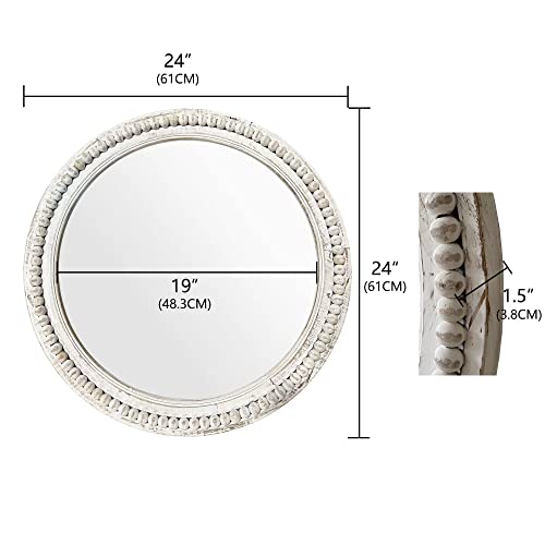 dwellington Rustic Round Wall Mirror, 24 Inch Wood Circle Mirror with Beads, Decorative Farmhouse Mirror for Living Room, Bedroom, Kitchen, Entryway (White) dwellington