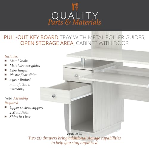 Inval America Computer Work Center with Hutch, Pull-Out Keyboard Tray, Drawers, Desk Workstation, 53.5"H x 48.62"W x 19.5"D, Washed Oak Inval