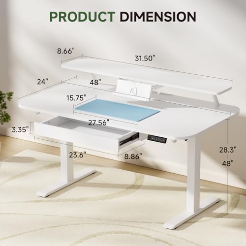 GTPLAYER Electric Standing Desk with Drawers, 48 x 24 Inches Height Adjustable Computer Desk with Monitor Stand, Laptop Stand, Sit Stand up Desk with Memory Preset for Home, Office, White GTPLAYER