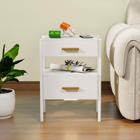 Tltaroni Nightstand with 2 Drawers and Open Shelf Wooden Bedside Table Gold Handles Modern Storage Night Stand Sensor Light for Bedroom, White Tltaroni