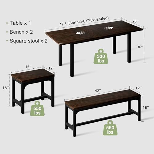 Feonase 5-Piece Dining Table Set for 4-8 People, 63" Extendable Kitchen Table Set with 2 Benches and 2 Square Stools, Dining Room Table with MDF Wood Board, Easy Clean, Dark Brown Feonase