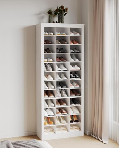 Hzuaneri Shoe Storage Cabinet, 36 Pairs Free Standing Closet Organizer, 9 inch Widened Cell Wood Shoe Organizer, 12 Tiers Vertical Space Saving Shoe Rack for Entryway, Cloakroom, White SR20703X Hzuaneri