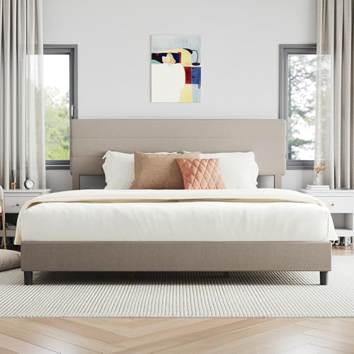 Novilla King Bed Frame and Headboard, King Bed Frame, Linen Upholstered Stripe Bed Frames, No Box Spring Needed, Heavy Duty Feet, Easy Assembly, Beige Novilla