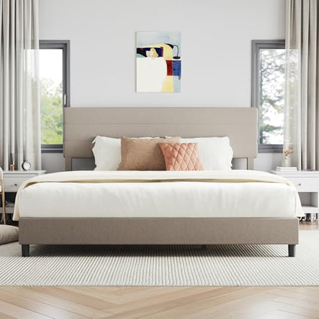 Novilla King Bed Frame and Headboard, King Bed Frame, Linen Upholstered Stripe Bed Frames, No Box Spring Needed, Heavy Duty Feet, Easy Assembly, Beige Novilla