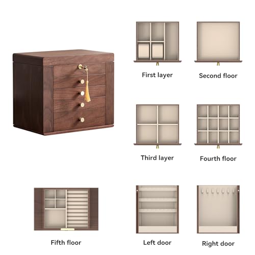 CHOSIN Black Walnut Wooden Jewelry Box for Women Classical Wooden with Two Side Doors 5-Layer with Mirror 5 Big Drawers Watch Necklace Ring Earring CHOSIN
