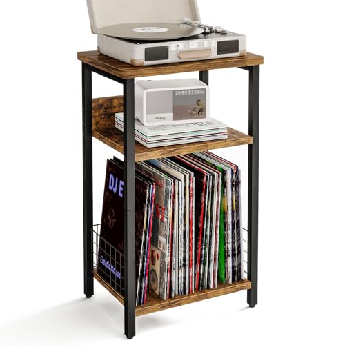 Fixwal 3-Tier Record Player Stand, Dedicated Side Table with Open Storage, for Living Room & Bedroom, Rustic Brown Fixwal