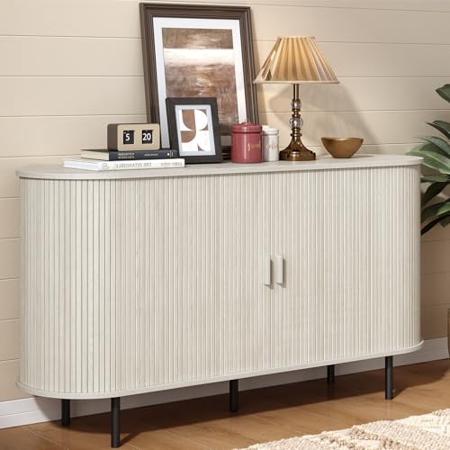 ONBRILL 55" Sideboard Buffet Cabinet with Storage, Storage Cabinet with Sliding Door & Adjustable Shelf, Modern Accent Coffee Bar Console Table for Kitchen, Entryway, Natural White ONBRILL