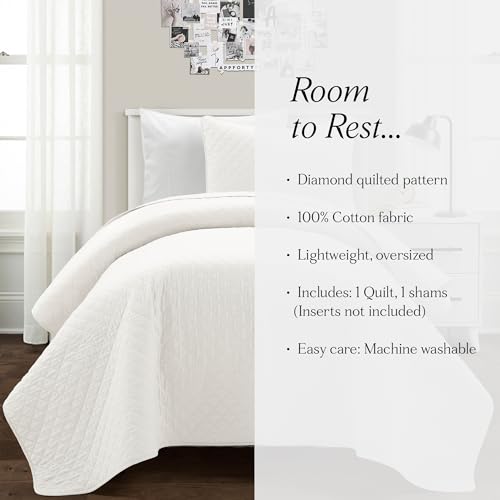 Lush Decor Ava Quilt Diamond Pattern Solid 2 Piece Oversized Bedding Blanket Bedspread Set - Twin-XL - White Lush Decor