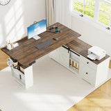 63" Farmhouse Electric Standing Desk Adjustable Height Sit Stand Corner Stand Desks, L Shaped Standing Computer Desk with Power Outlets & Storage Drawers & Sliding Door for Home Office, White St.Mandyu
