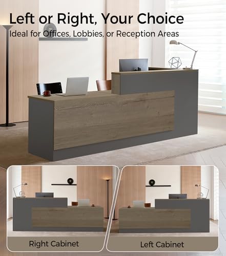 Modern L-Shaped Reception Desk with Counter - 71 Inches Front Desk with Storage Cabinet, Open Shelves, Lockable Drawer & Keyboard Tray for Office, Lobby, Checkout (Tobacco Wood & Iron Gray - Left) Anzhap