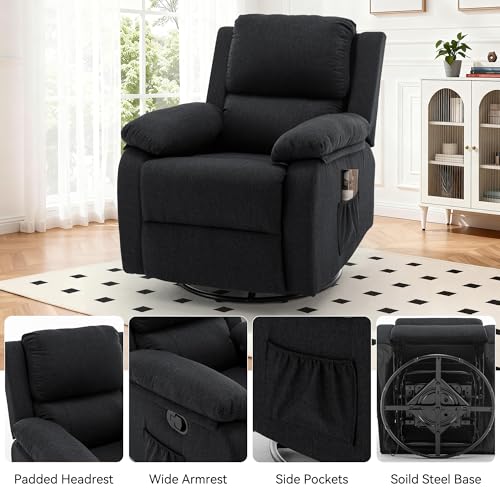 Korser Recliner Chair, 360 Swivel Rocker Chair for Adults, Small Rocking Recliner for Small Spaces, Upholstered Fabric Glider Recliner Nursery (Swivel Rocker Recliner, Charcoal Black)