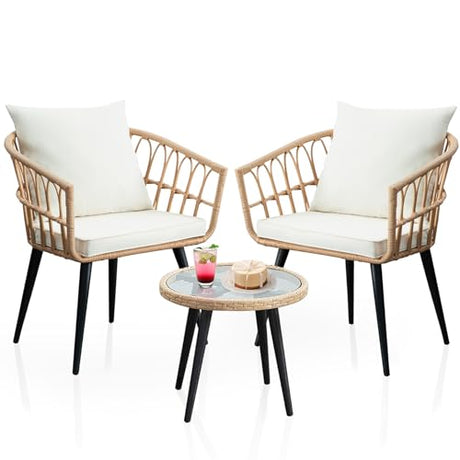 WenHaus 3 Piece Patio Bistro Sets, Outdoor Wicker Furniture Set, All-Weather Rattan Chairs Conversation Set with Cushions Round Table for Garden,Balcony,Backyard,Porch,Deck-Beige WenHaus
