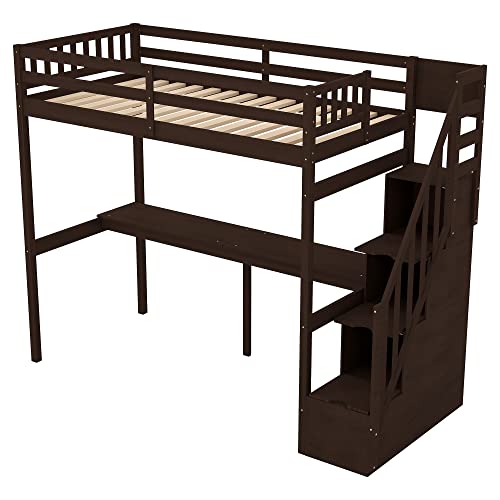 Espresso Twin Size Loft Bed with Storage Steps and Built-in Desk for Kids - WoodArtSupply