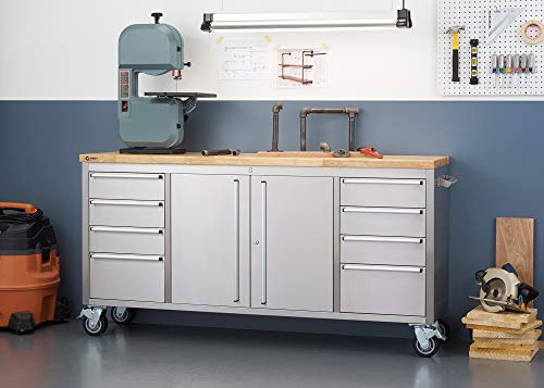 Stainless Steel Rolling Rubberwood Top Workbench TRINITY