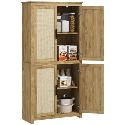 HOMCOM 64" Kitchen Pantry Storage Cabinet, Freestanding Kitchen Cabinet with 4 Rattan Doors, 4 Tier Shelves and Adjustable Shelf, Natural HOMCOM