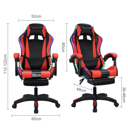 Gaming Chair with Bluetooth Speakers ＆ LED Lights, Ergonomic Massage Computer Chair Height Adjustable, Video Game Chair with 360° Swivel Seat and Headrest, High Back Lumbar Support Design cukoekim