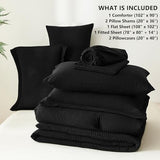 CozyLux King Size Comforter Set Black - 7 Pieces Striped Seersucker Bed in a Bag, Soft Lightweight Boho Bedding Set with All Season Comforters King Size, Sheets, Pillowcases & Shams CozyLux