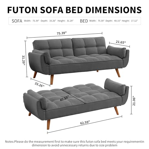 Homies Life Convertible Futon Sofa Bed, Linen Sleeper Couch, 75" W Modern 3 Seater Tufted Sofa with Solid Wood Legs and Adjustable Backrests for Small Spaces, Living Room, Bedroom, Dark Gray Homies Life
