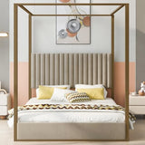 LUMISOL Queen Size Metal Canopy Bed Frame, Upholstered Four-Poster Platform Bed Frame with Headboard, Morden Low Profile Platform Beds, No Box Spring Needed, Beige