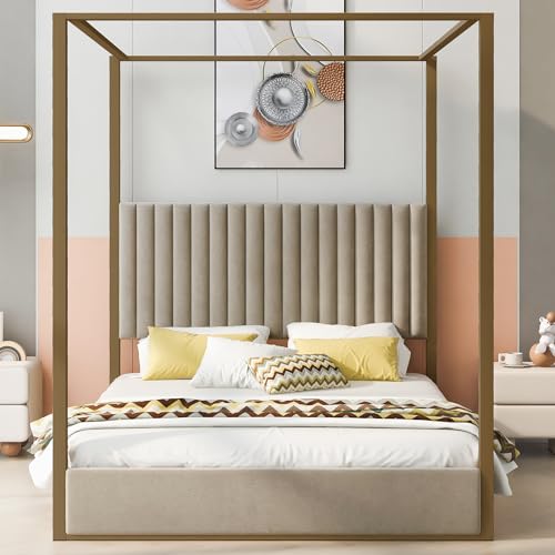 CABSETT Queen Size Upholstery Platform Bed with Wood Slat Support, Linen Canopy Bed with Headboard and Metal Frame, No Box Spring Needed, Beige