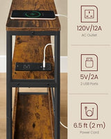 VASAGLE Side Table with Charging Station, Narrow End Table, 3-Tier Nightstand, Sofa Table for Small Spaces, Magazine Rack, for Living Room, Bedroom, Study, Rustic Brown and Ink Black ULET335K01 VASAGLE