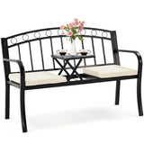 AVAWING Outdoor Metal Garden Bench, 2-Seat Patio Porch Bench with Steel Frame, Park Bench w/Pullout Middle Table＆ Cushion for Backyard Lawn Deck Entryway, Black AVAWING