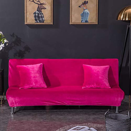 vannawong Folding Sofa Slipcover Stretch Armless Futon Couch Covers Plush Velvet Soft One Piece T Cushion Sleeper Bed Lounge Covers Removable Solid Color Hot Pink 160-190cm/62-74 vannawong