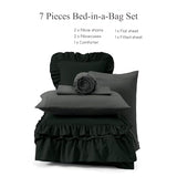 AMBERSPACE Queen Comforter Set Black, Ruffle Shabby Chic Bedding Set Farmhouse 7 Pieces, All Season Fluffy Bed in a Bag with Sheets, Pillowcases & Shams AMBERSPACE