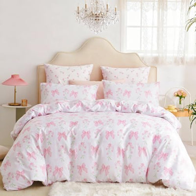 CCoutueChen Duvet Cover Twin 2Pcs Pink Floral Bow Bedding Set for Girls Kids, Romantic Princess Style Bowknot Bedding, Ultra Soft Reversible Garden Flower Duvet Cover Set(1 Pillowcase,No Comforter)