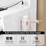 Makeup Vanity Desk with Lights, Glass Top Vanity with Charging Station, Vanity Mirror with 9 LED Lights Desk, Nightstand, Vanity Set with Storage Bench, 3 Lighting Modes Brightness Adjustable, White VALONDINO