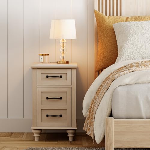 WAMPAT Beige End Table with Charging Station, Wooden Side Table with Storage Cabinet & Drawer, Elegant Nightstand with Power Outlets & USB Ports for Bedroom, Living Room WAMPAT
