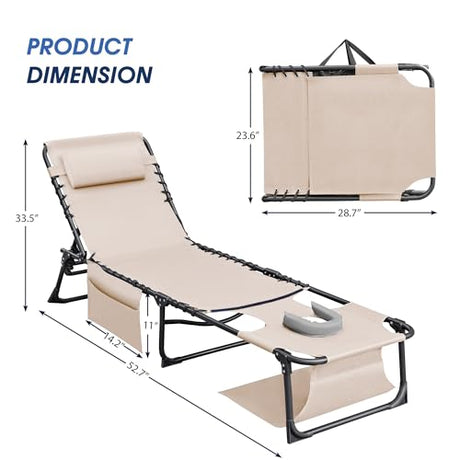 Flamaker Face Down Chaise Lounge Chair 5-Position Adjustable Sunbathing, Foldable Tanning Chair with Face& Arm Holes, Outdoor Recliner Chair for Pool, Beach, Patio, Lawn (Beige, 1 Pcs) Flamaker