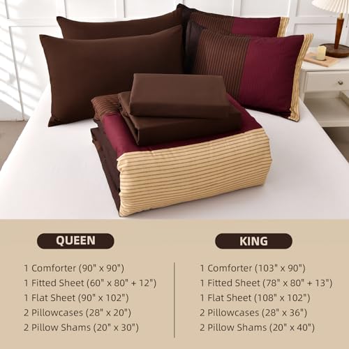 Anibedding Red and Brown Comforter Set King Size, Boho Burgundy Striped Bedding Comforter Set 7 Piece Bed in a Bag, Soft Microfiber Down Alternative Farmhouse Bedding Set for All Season(104"x90") Anibedding