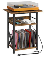 CHOEZON Record Player Stand with Power Outlet, Vinyl Record Storage Side Table, 19" Large Tabletop, Charging Station & Crossed Frame Design for Turntable, Rustic Brown and Black TBZ48UBF CHOEZON