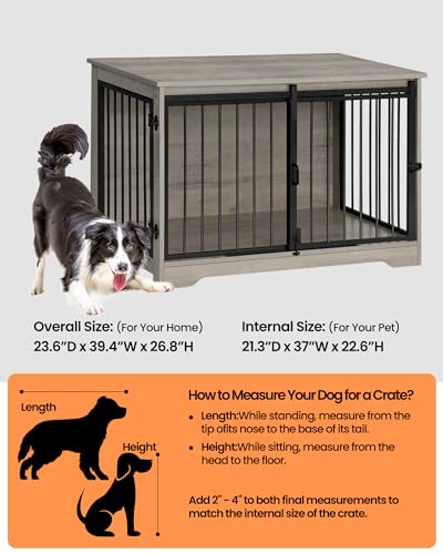 Hzuaneri Dog Crate Furniture, 39.4" Double Door Dog Crate with Barn Door, Dog Kennel Indoor, End Side Table Wooden Dog Crate for Small Medium Large Dog, Anti-Chew Anti-Escape, Greige - WoodArtSupply