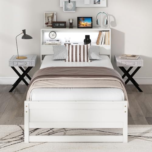 Giantex Twin Bed Frames with Storage Headboard, Wood Platform Bed with Charging Station & LED Light, Single Bed with Slats Support, Under-Bed Space, Twin Bed Frames for Kids Girls Boys (White) Giantex