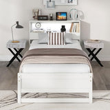 Giantex Twin Bed Frames with Storage Headboard, Wood Platform Bed with Charging Station & LED Light, Single Bed with Slats Support, Under-Bed Space, Twin Bed Frames for Kids Girls Boys (White) Giantex