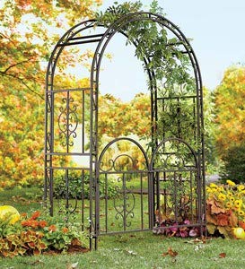 Plow & Hearth Arch Metal Outdoor Garden Arbor Double Gate | Montebello | 84" H x 53" W x 23" D | Gunmetal Black | Trellis Lattice Climbing Plants Plow & Hearth