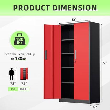Bonusall 72" Metal Garage Storage Cabinet - 900lbs Heavy Duty Steel Cabinet with 3-Point Locking System & 4 Adjustable Shelves, Lockable Tall Storage for Garage, Office, Warehouse - Black & Red Bonusall