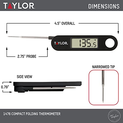 Taylor 1476 Instant Read Digital Meat Food Grill BBQ Cooking Kitchen Thermometer, Tailgating and Grilling Compact Folding Probe, Black Taylor