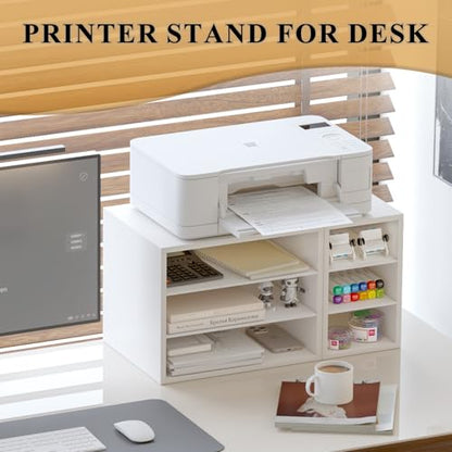 MARTY Printer Stand with Storage for Desk Large Desktop Printer Stand Shelf Riser with 6 Storage Compartments Wood Desk Paper Organzier File Organizer for Home/Office, White - WoodArtSupply